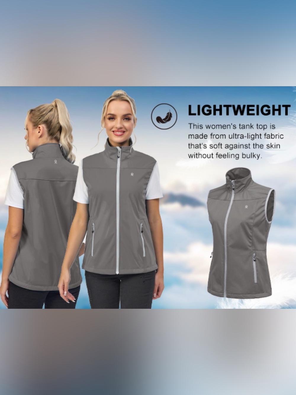 Women's Lightweight Gray Zip-Front Vest with Stand Collar